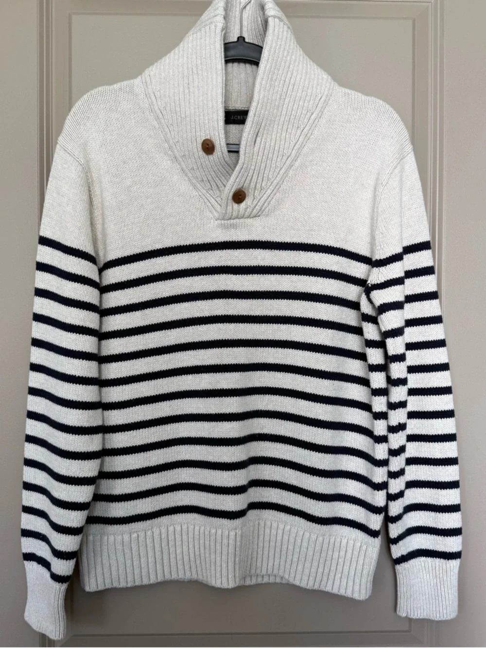 J. Crew Cream and Navy Striped Shawl-Collar Turtleneck Sweater